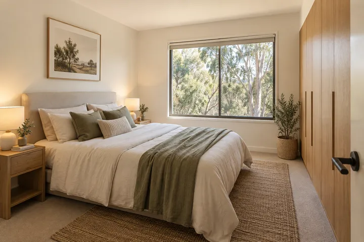 Main bedroom: AI-generated illustrative placeholder, not a photograph of 13 Olive Street