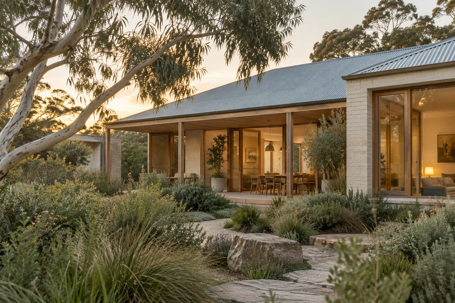Warm Australian courtyard residence framed by native gardens and a eucalyptus tree