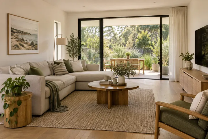 Living room: AI-generated illustrative placeholder, not a photograph of 13 Olive Street